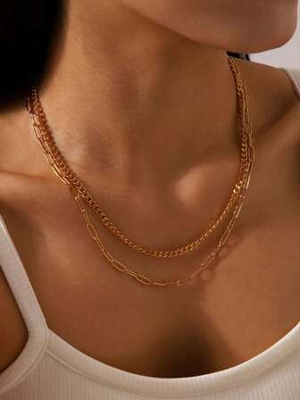 2 件不锈钢链项链套装，时尚简约回形针和链条分层项链，轻巧精致的项链首饰适合女孩和女士