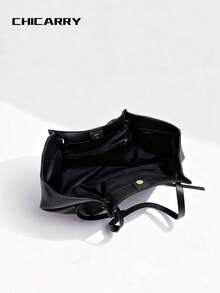 女士纯色大容量手提包，旋转锁扣金属装饰，磁扣闭合，可拆卸优雅丝带手柄，复古街头时尚单肩包，扇形设计，个性化手提包，适合购物、约会、旅行、商务、办公、露营等场合，可收纳雨伞、水瓶、钱包等。 - 黑色 - 查看 9