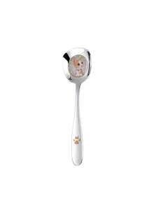 1pc Stainless Steel Flat Head Large Soup Spoon With Cute Cat & Dog Pattern, Household Dining Spoon