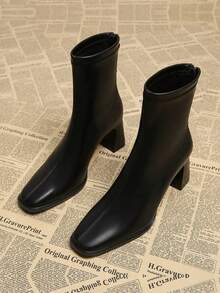 女士法式方头粗跟短靴，新款秋冬25厘米法式踝靴，麂皮拼接高端修身靴 - 黑色 - 查看 3