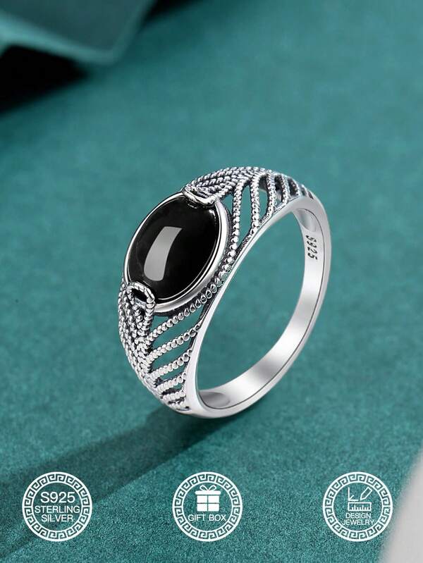 1 pieza Anillo hueco de ágata negra de plata esterlina S925 para mujeres/niñas, regalo de amor, Pascua, Navidad, Halloween, joyería de mujer, accesorio, hipoalergénico, Día de San Valentín, regalo de cumpleaños, adecuado para Halloween, diario, decoración de fiesta, incluye caja de regalo
