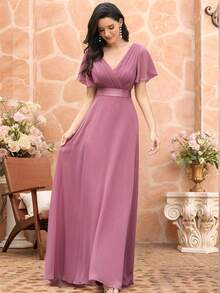 EVERPRETTY 优雅V领荷叶边蝴蝶袖浅粉色伴娘礼服，适合春季半正式场合，如婚礼、生日派对、毕业典礼、情人节等。 - 藕粉色 - 查看 9