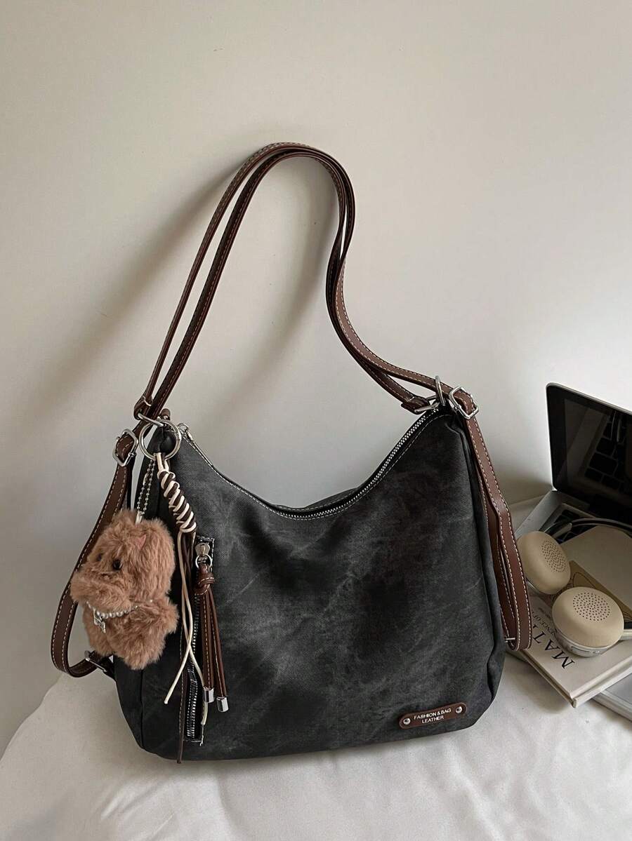 Túi đeo vai thời trang đa năng Merlard Retro 2025 họa tiết mờ, dung tích lớn, túi đi biển cao cấp, túi tote, túi mua sắm, túi lớn, túi xách họa tiết ngách, túi đeo chéo có dây kéo kép - màu đen - Xem 1