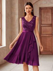 MIUSOL Sequin V-Neck Sleeveless Ruffle Hem Shiny Chiffon Ball Gown - Maroon - View 2