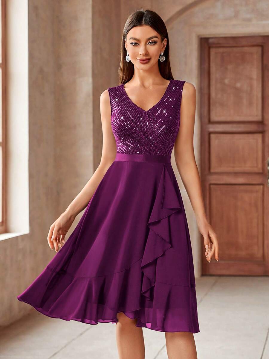 MIUSOL Sequin V-Neck Sleeveless Ruffle Hem Shiny Chiffon Ball Gown