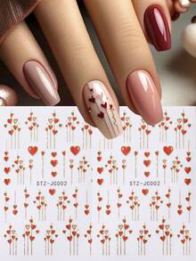 2pcs Red Heart Nail Sticker With Shiny Golden Stripe Line Design Valentine's Day Romantic Self-Adhesive Acrylic Nail Art Decals For DIY Manicure Nail Art Charms Nail Supplies - Multicolor - View 1