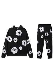 Denim T Gothic Peony Print Sweatsuit Set 2026, Hip Hop Streetwear Oversized Hoodie & Joggers, Y2K Retro Graphic Lounge Set, Unisex Autumn Winter Daily Wear - màu đen - Xem 1