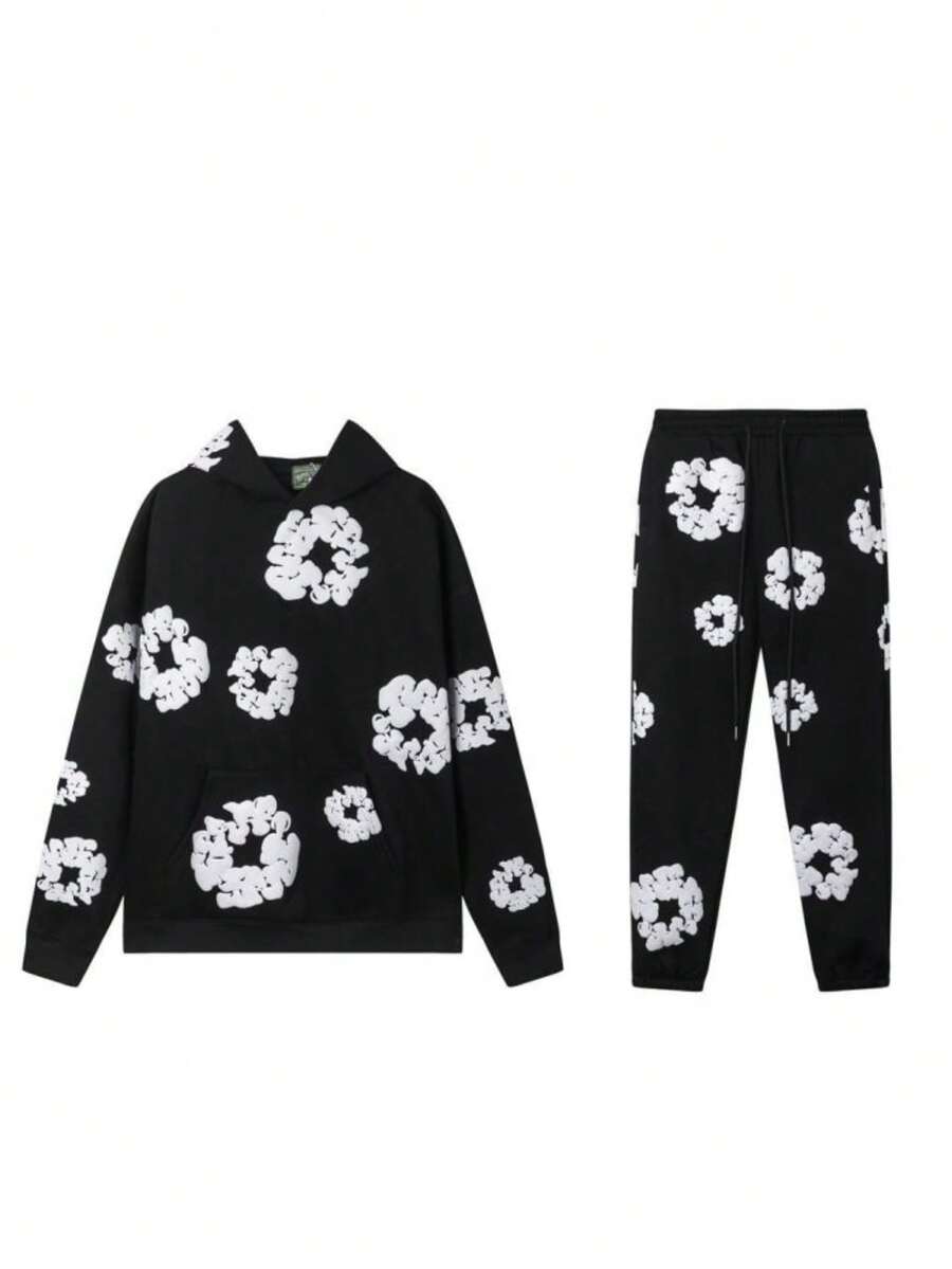 Denim T Gothic Peony Print Sweatsuit Set 2026, Hip Hop Streetwear Oversized Hoodie & Joggers, Y2K Retro Graphic Lounge Set, Unisex Autumn Winter Daily Wear - màu đen - Xem 1