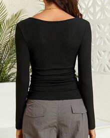 Long Sleeve Shirts For Women Henley Fall Ribbed Button Tops Slim Fit Winter Spring Cute Casual Basic Blouse TeesHalloween Christmas New Year - Màu xanh đậm - Xem 8