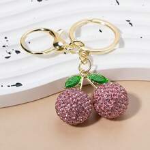 1pc Cute Rhinestone Studded Cherry Keychain, Metal Key Chain Ring Cartoon Gift - Multicolor - View 6