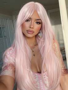 60 cm lång, rak, rosa, syntetisk peruk med lugg, lämplig för kvinnor, för fest, cosplay, värmebeständig