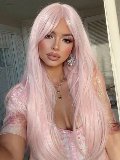 60 cm lång, rak, rosa, syntetisk peruk med lugg, lämplig för kvinnor, för fest, cosplay, värmebeständig