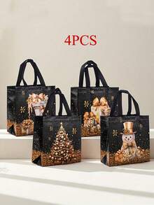 5/10/25 pièces Sacs cadeaux de Noël, sacs cadeaux de Noël noirs élégants avec poignées solides - motifs de feuille d'or de luxe (arbres, flocons de neige) - sacs non tissés convenant pour Noël, Nouvel An, fête, cadeaux de mariage - emballage cadeau et décorations de fête de Noël premium, sacs cadeaux de fête de Noël, sacs de fête durables