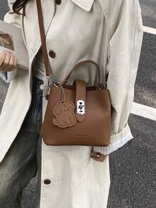 小众设计休闲百搭简约时尚PU纹理单肩斜跨包手提包水桶包托特包女士户外小手提包高品质复古斜跨包 - 咖啡 - 查看 7