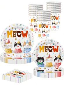 20/10 piezas Juego de vajilla con temática de gato, incluye platos, vasos, servilletas, decoraciones de cumpleaños con temática de gato. Platos de 7 pulgadas, platos de 9 pulgadas, vasos de papel de 9 onzas, servilletas. Decoración de mesa para fiesta de cumpleaños con temática de gato, fiesta de cumpleaños, fiesta temática - Multicolor - Ver 1