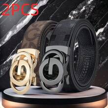POYYAS 2Pcs Stylish Metal Buckle Belt For Men And Women - Fashionable Daily Decoration Jeans Belt With Fully Automatic Letter Buckle - Perfect Accessory For Business And Casual Occasions - Đen + Đen Bạc - Xem 3