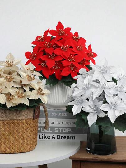 1/3 Piece Artificial Flower Stem With Leaves, Available In Red, Gold, And Silver, Artificial Poinsettia Flower Bouquet, Artificial Shrub, Red Christmas Flower, Suitable For Indoor And Outdoor Home Decor, Porch And Garden Decor, Room Decor, Christmas Tree Decor, Centerpiece, Wedding And Party Decor, Christmas Decoration