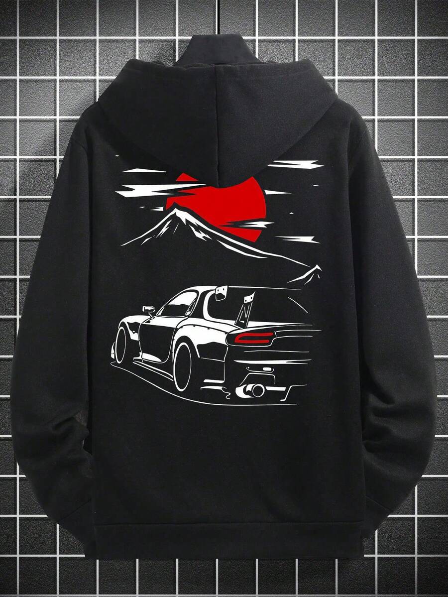 Herrenmode Hoodie, 100% Polyester-Stoff, Loose Fit, Auto-Print Design, Stylischer Casual Pullover Für HerbstWinter Outdoor, Geeignet Für 11 Festliche Anlässe - nero - Visualizzare 1