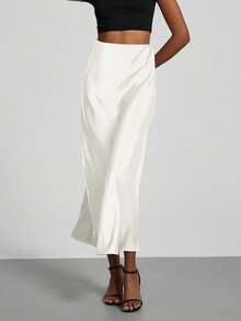 SE-HORE Women's Fashion Commuter Versatile Petite Version Elastic Satin Texture Skirt, Suitable For All Seasons - White - White - View 4