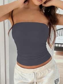 Vaiaye 女士无缝无肩带纯色弹力修身吊带背心，时尚无肩带基础款背心，适合春夏休闲穿着 - 藍灰色 - 查看 2