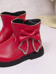 New Girls' Bowknot Rhinestone Soft Comfortable Round Toe Sweet Fashion Flat Ankle Boots Suitable For Autumn/Winter - Red - View 6