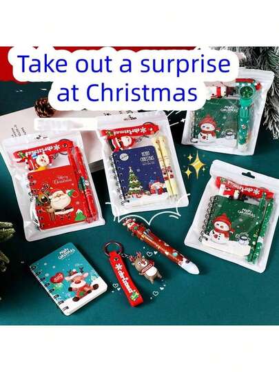 1 套圣诞礼物文具套装，学生礼盒，内含钥匙扣、笔记本、圆珠笔，优质材料，无味，耐用，可收藏，是送给朋友和家人的理想圣诞节、复活节、情人节、春节和生日派对礼物，颜色和款式多样