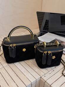 编织纹理手提包女士，Y 链带方形斜挎包，百搭海滩度假包，春夏 - 黑色 - 查看 7