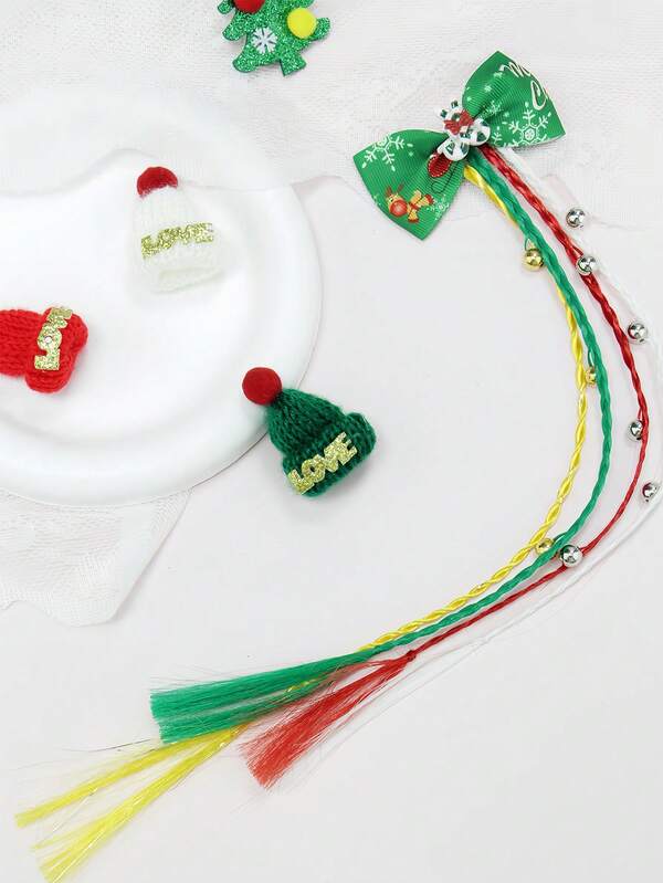 Pinza para el cabello con lazo navideño, lindo lazo de bastón de caramelo con copos de nieve verdes a juego con trenzas con cuentas rojas, blancas, verdes y amarillas, dulces extensiones de cabello trenzadas multicolor