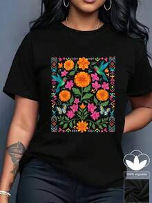 Camiseta casual de mujer, 100% algodón, estampado gráfico moderno, camiseta de manga corta con cuello redondo casual y cómoda, ropa de primavera y verano, adecuada para cualquier ocasión, color sólido, casual, uso diario. - Negro - Ver 1