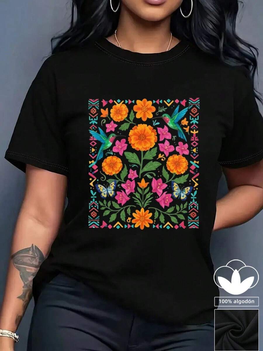 Camiseta casual de mujer, 100% algodón, estampado gráfico moderno, camiseta de manga corta con cuello redondo casual y cómoda, ropa de primavera y verano, adecuada para cualquier ocasión, color sólido, casual, uso diario. - Negro - Ver 1