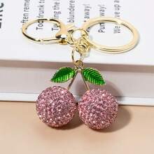 1pc Cute Rhinestone Studded Cherry Keychain, Metal Key Chain Ring Cartoon Gift - Multicolor - View 9