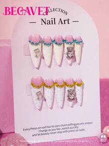 BEGAVET Y2K Nails 10pcs Handmade Salon Quality Nail Art Press On Nails French Tips Long Stilletto Exclusive Design 3D Nails With 3D Charms, Suitable For Parties/Music Festival And Daily Wear - White - View 3