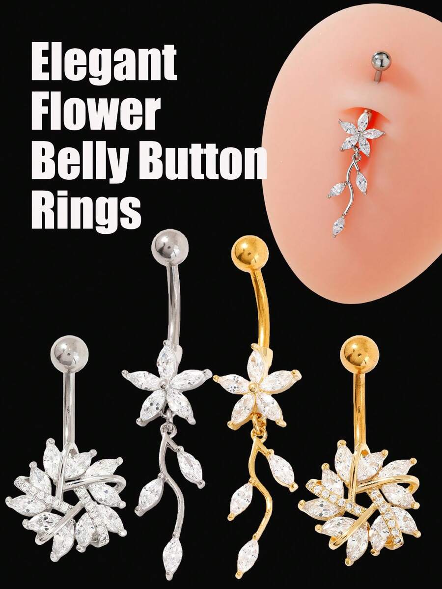 1-2枚优雅立方氧化锆花朵造型肚脐环，适合女性日常佩戴、约会、派对等场合。 - 彩色 - 查看 1
