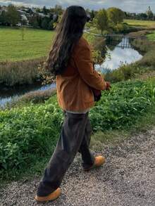 女式绒面革长袖单排扣休闲夹克 - 棕色 - 查看 5