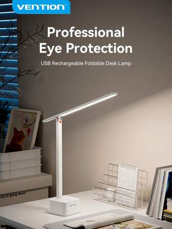 VENTION USB Rechargeable Desktop Reading Lamp, Foldable Aluminum Alloy - White INS Style. Features Touch Control For Three Color Temperatures And Stepless Brightness Adjustment. Supports Both Plugged-In And Cordless Operation. Ideal For Desks, Offices, Home Spaces, And Gaming Setups - Enhances Focus During Work And Study.
