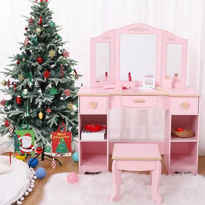 Kinder Schminktisch und Stuhl Set, Kinder Schminktische aus Holz mit dreifach klappbarem Spiegel, Kinder-Schreibtisch, Mädchen-Schminktisch für Kinderzimmer, Spielzimmer, Rosa