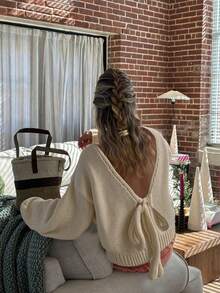 FOR BEAUTY Autumn And Winter New Solid Color Strap Bow Women's Long Sleeve Knitted Cardigan Top, Fashionable And Simple Street Casual Loose And Lazy Suitable For Going Out Commuter Sweater Autumn Women's Clothing Christmas