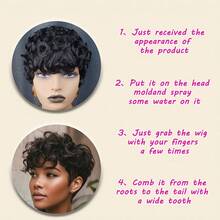 Women'S Layered Short Curly Pixie Cut Wig With Bangs - Remy Peruvian Human Hair, Glueless Full Machine Made Curly Wave Wig, Music Festivals & Everyday Styling - Density, Suitable For All Light Types, Short Hair Wig