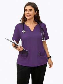 cimmuovere Plus Size Women's Round Neck Cutout Short Sleeve Double Pocket Solid Color Scrubs Nurse Scrubs Workwear Dentist Healthcare Pet Hospital Laboratory Top - Purple - View 8