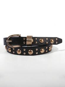 1pc Gold Mushroom Stud Embellished Solid Color Punk PU Leather Fashion Belt For Women