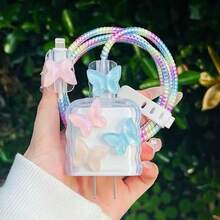5pcs Colorful Butterfly Charger Protection Set, Includes Data Cable Protector, Charger Head Cover, Compatible For IPhone 12/13/14 Series And For IPhone 20W Charger Shell, Travel Essential, Butterfly Design, Flexible Material, Durable Plastic, Tech Enthusiast - Multicolor - View 5