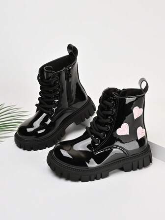Girls' Winter Boots With Zipper Closure - Warm Mid-Calf Boots, Non-Slip Rubber Sole, Easy-On Zipper For Toddler & Little Girls - Cold Weather Shoes For Everyday, Parties, Family Outings - Soft Fabric Lining - (Black/Pink) - Girls' Boots, Party Footwear, Heart Pattern Design, Durable Construction, Young Children