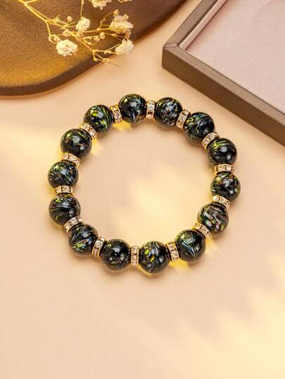 1 Stück Vintage schwarzes gemustertes Glasperlen Armband mit Strass-Einlagen in Goldfarbe, Retro-Stil für den täglichen Outfit, exklusive europäische und amerikanische Party-Accessoires, einzigartiger Street-Style-Akzent