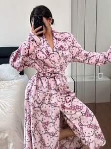 三丽鸥数码印花加厚浴袍，女士绒面睡衣 - 粉色 - 查看 4