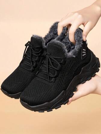 1 Pair Solid Color Thick Sole Lace-Up Casual Sport Boots, New Winter Shoes Boots For Winter, Thick Warm Lining, Lightweight Ankle Boots, Soft & Comfortable, Suitable For Commuting, Outdoor, Travel, Holiday