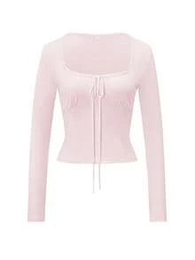 Vaiaye 女士方领长袖荷叶边修身T恤，优雅多功能性感蕾丝边针织长袖上衣，蝴蝶印花，适合春夏穿着 - 粉色 - 查看 3