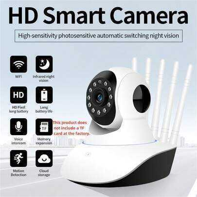 1 Camera an ninh WIFI thông minh màu trắng, giám sát video HD 1080P, xoay ngang 5 ăng-ten, phát hiện chuyển động, tầm nhìn ban đêm, âm thanh hai chiều, dùng cho phòng khách, sân sau, nhà kho, cửa hàng và nhiều trường hợp khác