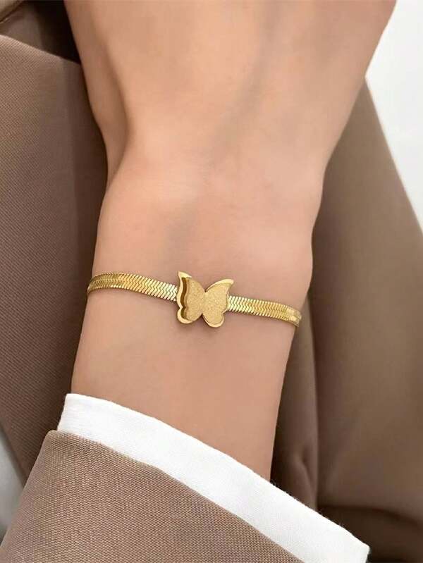 سوار فراشة من الفولاذ المقاوم للصدأ بلمعة خافتة، إكسسوار سلسلة عظم الثعبان الذهبي الأنيق