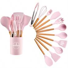 12件套多功能木柄硅胶烹饪用具套装，耐热汤勺，带刮刀的烘焙铲，意大利面叉，储物罐 - 彩色 - 查看 9