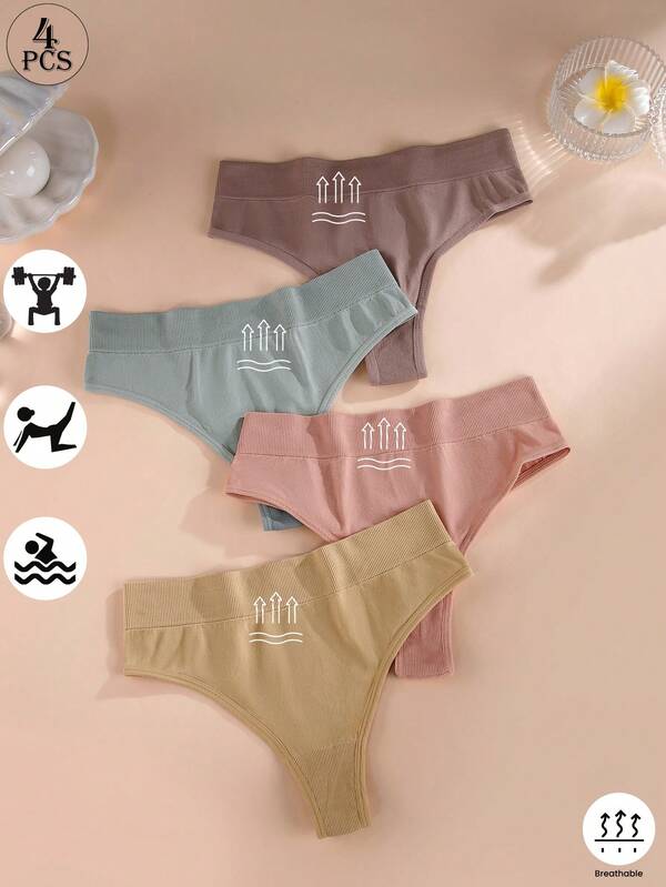 Aofeiqike Conjunto de 4 piezas de bragas deportivas sin costuras de alta calidad para mujer de talla grande, tipo tanga de cintura media en unicolor, estilo europeo y americano para chicas